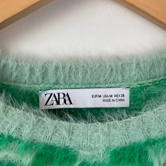 Zara Check Fuzzy Soft Cropped Sweater Green Sz Medium - Picture 7 of 8